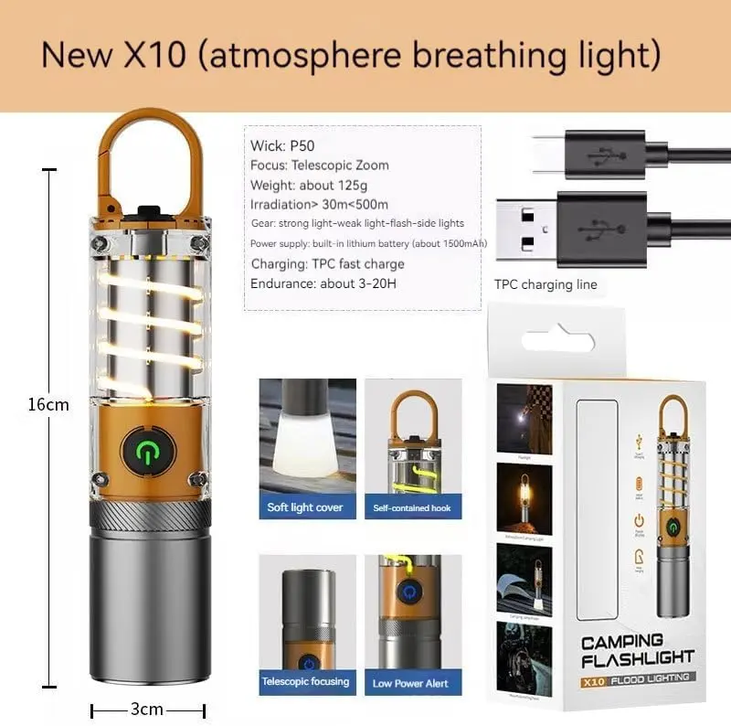 X10 Camping Flashlight in Bangladesh – Rechargeable LED Atmosphere Breathing Light, USB Type-C Fast Charging, Portable Outdoor Torch