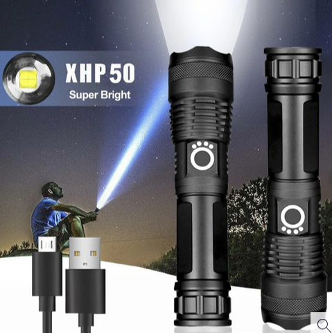 LED Flashlight XHP50 Rechargeable Waterproof Zoom - USB Torch Light